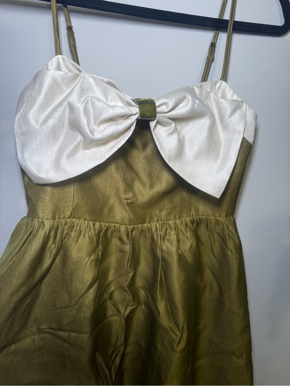 Olive Green Satin Dress with White Bow NWT - Picture 2 of 9